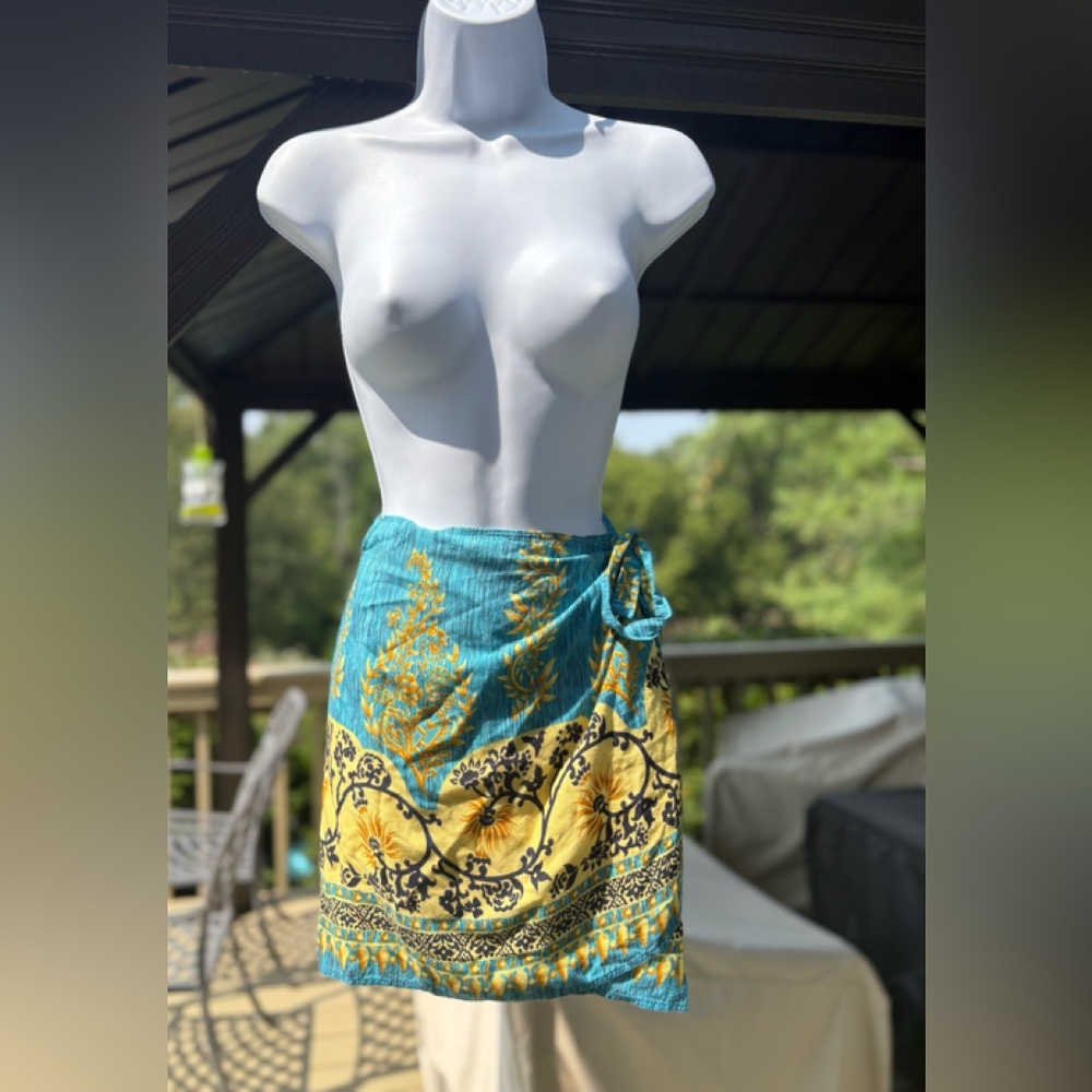 MAMU Elegant Teal and Yellow Skirt Sarong, Size: OS fits 28”-38” waist